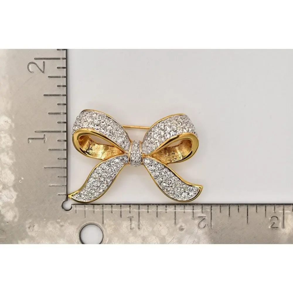 Swarovski Vintage Crystal Bow Pin Brooch Gold Pave Rhinestone Swan Signed BinBG